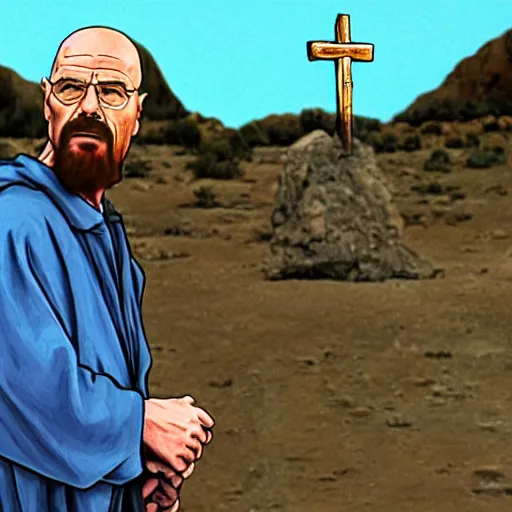 Image similar to walter white crucifies jesus, hyperrealistic