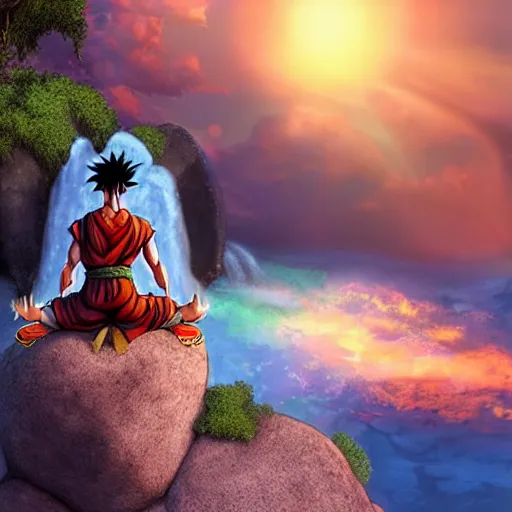 Image similar to photorealistic fantasy concept art of Goku meditating on a rock near a waterfall in front of the sunset, dynamic lighting, cinematic