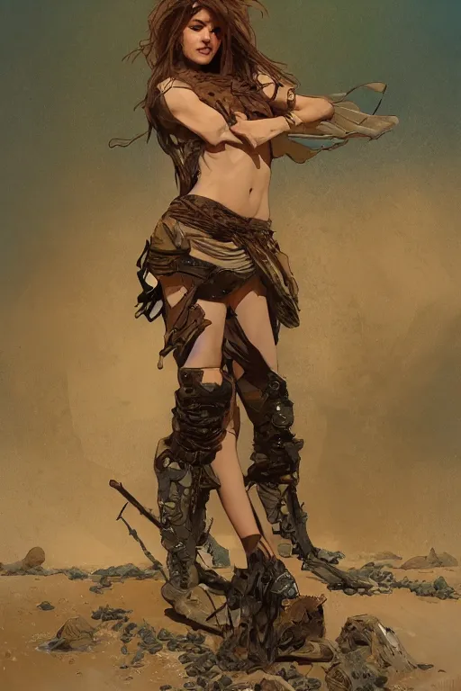 Image similar to a full body portrait of a beautiful post apocalyptic offworld desert savage rogue in ballet pose by the emerald oasis pools, intricate, elegant, highly detailed, digital painting, artstation, concept art, smooth, sharp focus, illustration, art by krenz cushart and artem demura and alphonse mucha