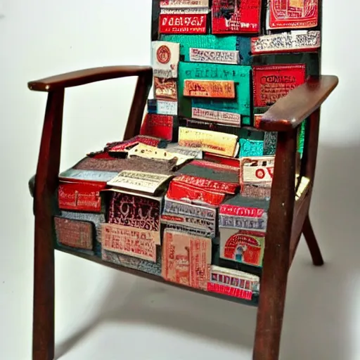 Prompt: Chair made out of stamps from the 20s