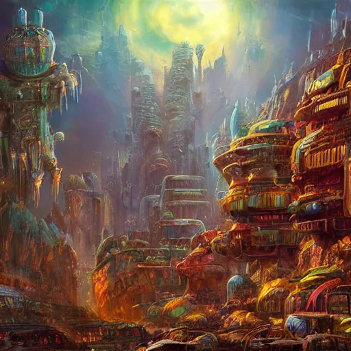 Image similar to dense alien city on ancient post - apocalyptic planet, jim henson creature shop, vivid and colorful, thomas kincaid, cinematic, oil painting, highly detailed, illustration
