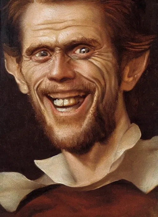 Image similar to portrait painting of willem dafoe with stubble smiling warmly, renaissance oil painting, chiaroscuro