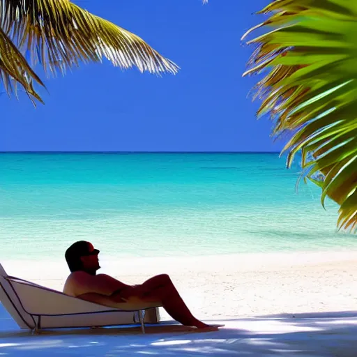 Prompt: spaceman lounging on a beach chair and on the beach having pina colada