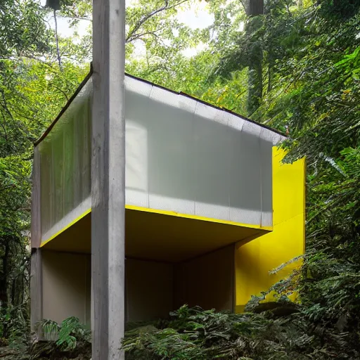 Image similar to exterior shot of a brutalist concrete house with translucent yellow mesh tarps in a dense jungle