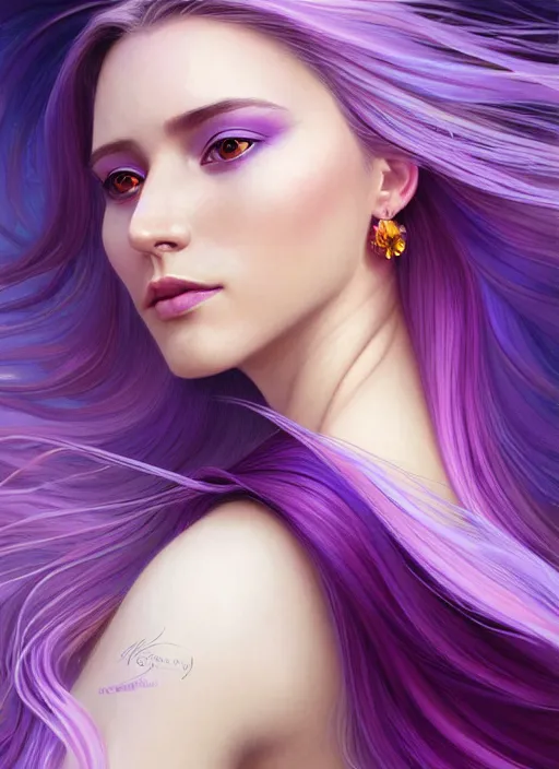 Prompt: Portrait of a woman with bright colored flying hair, all shades of purple. Hair coloring. Hair fluttering in the wind, amber eyes, face, long hair, fantasy, intricate, elegant, highly detailed, digital painting, artstation, concept art, smooth, sharp focus, illustration, art by artgerm and greg rutkowski and alphonse mucha
