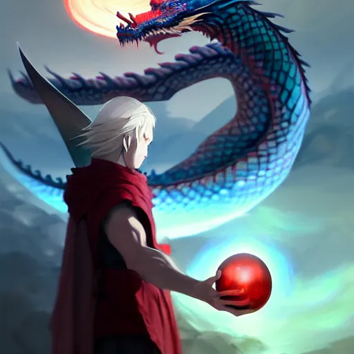 Image similar to odin holds his hands on the dragon orb, fantasy art, anime - style digital painting by wlop, digital painting by yanjun cheng, by wlop, by brom, cgsociety contest winner, digital painting, trending on artstation, beautiful, hd, colored line - art, by chuby mi, ultra anime, intricate details, by eran note, 8 k