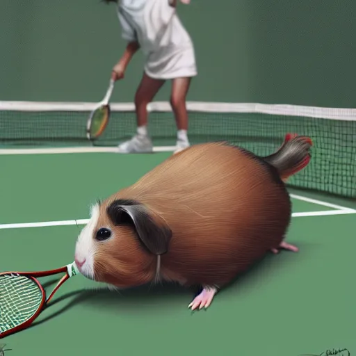 Image similar to a cute guinea pig plays tennis. detailed digital art by greg rutkowski, keith parkinson, marc simonetti, artgerm, artstation, deviantart, 8k, hd