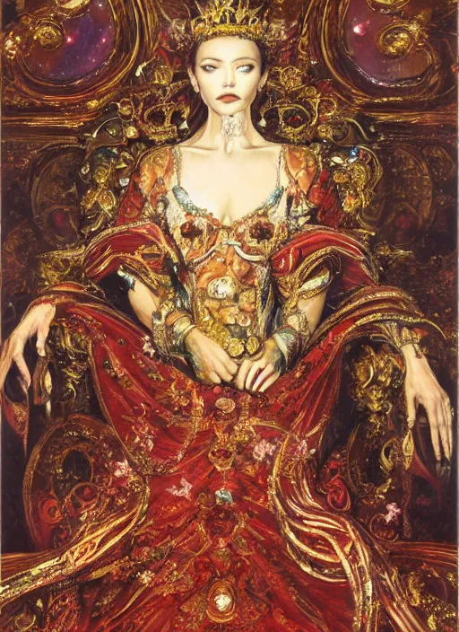 Image similar to oil painting of portait Queen of Ecstasy in a large throne room, Hungarian, by Yoshitaka Amano