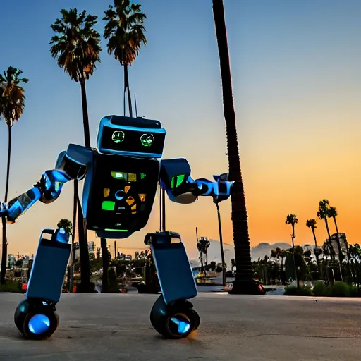 Prompt: LOS ANGELES CA, JUNE 7 2028: One of the most incredible helpful robots that emerged from the future-technology-portal.