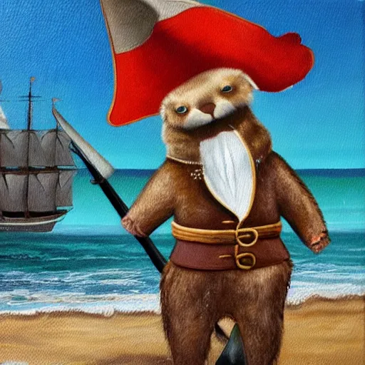 Prompt: An oil on canvas painting depicting an otter dressed as a pirate sitting on the beach overlooking his ship