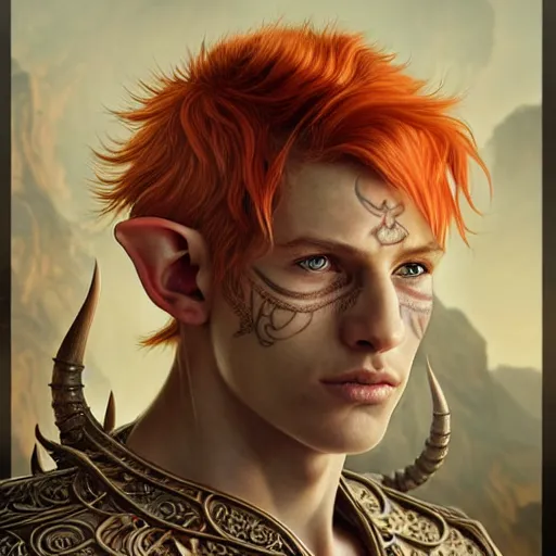 Image similar to portrait painting of an elven male teen with short light orange hair and tribal tattoos on his face wearing fur armor, ultra realistic, concept art, intricate details, eerie, highly detailed, photorealistic, octane render, 8 k, unreal engine. art by artgerm and greg rutkowski and charlie bowater and magali villeneuve and alphonse mucha