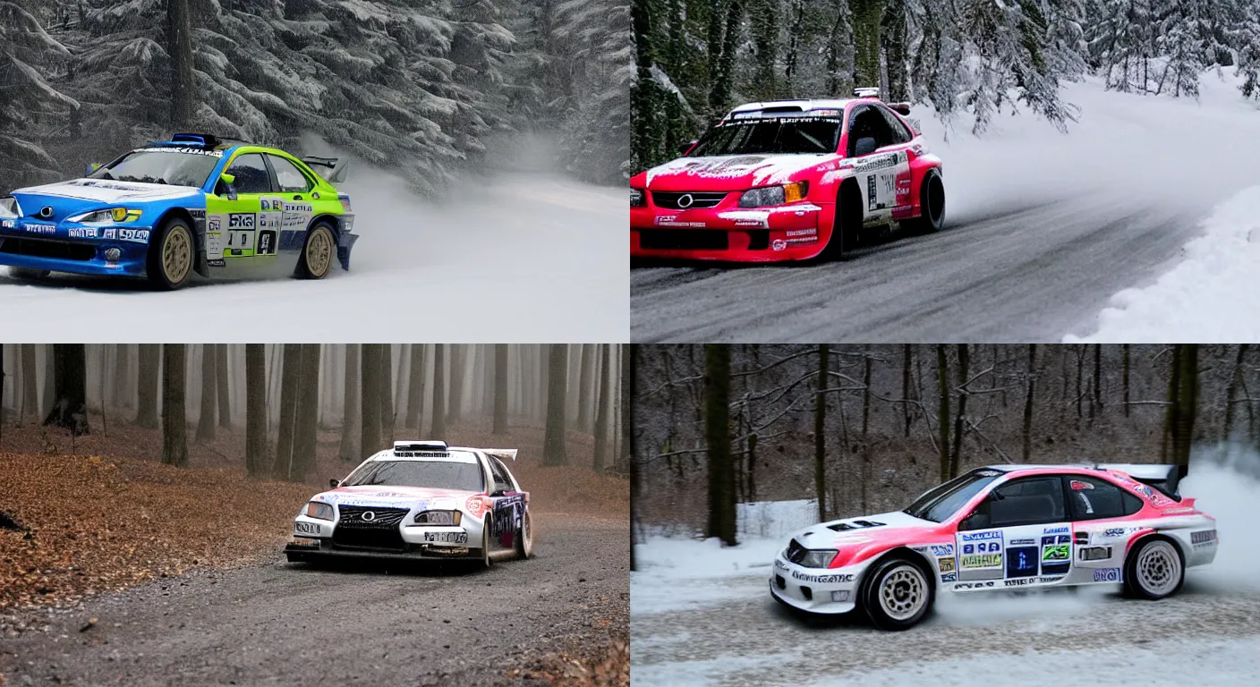 Prompt: a 2 0 0 3 lexus is 3 0 0, racing through a rally stage in a snowy forest