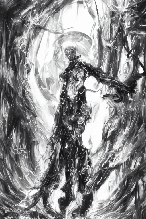 Image similar to a vertical portrait of a character in a scenic environment, black and white, dreamy, cybernetic suit, long straight black hair, highly detailed, by Yoshitaka Amano