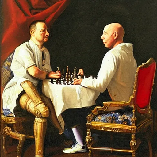 Prompt: jeff bezos with robin wiiliams playing chess looking wise, rococo oil painting, highly detailed