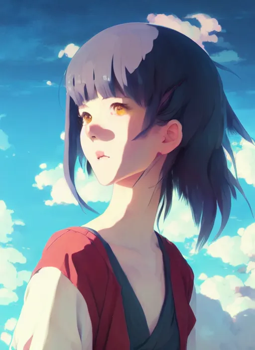 Image similar to portrait of cartoon girl, cloudy sky background lush landscape illustration concept art anime key visual trending pixiv fanbox by wlop and greg rutkowski and makoto shinkai and studio ghibli