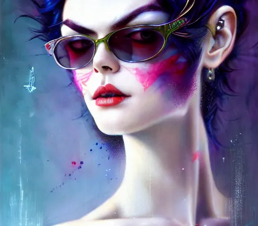 Image similar to a portrait of Bayonetta , tall, pale-skinned, by Stanely Artgerm,Tom Bagshaw,arthur adams,Carne Griffiths,trending on DeviantArt,street art,face enhance,chillwave,maximalist,full of color,glittering