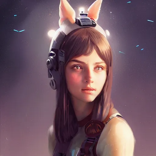 Image similar to portrait of a beautiful cute girl with robot ears by greg rutkowski, 4k, intricate details, coffee and stars background