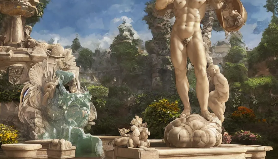 Prompt: craig mullins and studio ghibli illustration of a relief sculpture of the sun by michelangelo on top of a fountain in a garden, flowers, unreal engine, hyper realism, realistic shading, cinematic composition, realistic render, octane render, detailed textures, photorealistic, wide shot