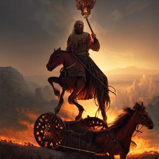 Image similar to Beautiful hyperrealistic detailed matte painting of a 60 year old man in Biblical outfit standing on an ancient chariot made of fire. Firey horses. nightime.