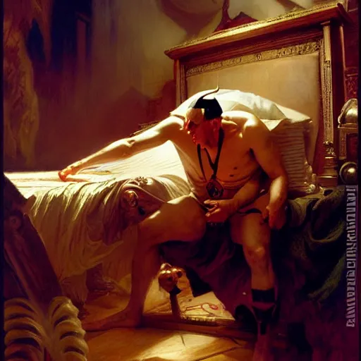 Image similar to the pope is in his bed, nervous and terrified, because a double horned shadow demon from hell is attacking him. highly detailed painting by gaston bussiere, j. c. leyendecker, greg rutkowski, craig mullins 8 k