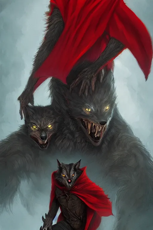 Image similar to werewolf in red cape and hood, d & d, fantasy, portrait, highly detailed, headshot, digital painting, trending on artstation, concept art, sharp focus, illustration, art by artgerm and greg rutkowski and magali villeneuve