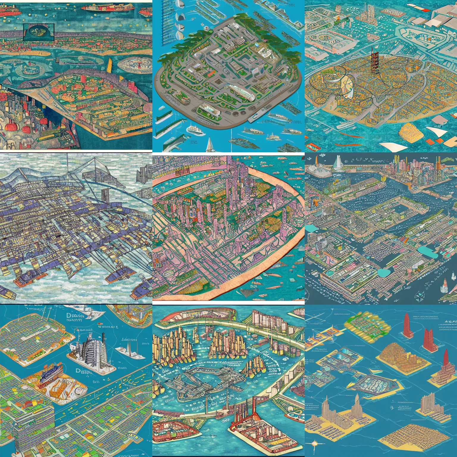 Prompt: a detailed infographic map of a futuristic city located in an island surrounded by water with a few modern ships stationed around it, in the style of diego rivera schiele, full color, axonometric exploded view