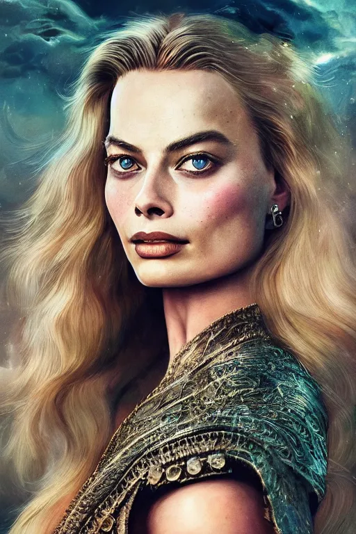 Prompt: Margot Robbie Majestic and regal portrait, Perfect face, beautiful, intricate, epic, elegant, menacing, fantasy, highly detailed, digital painting, hard focus, beautiful volumetric lighting, epic light, ultra detailed, by Leesha Hannigan, Ross Tran, Thierry Doizon, Kai Carpenter, Ignacio Fernández Ríos