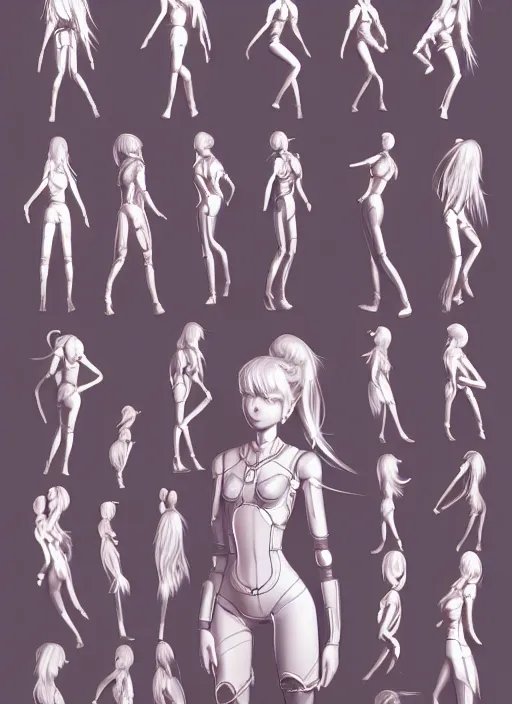 Prompt: detailed spot illustrations of various character concepts, perfect android girl, full body, artgem, scifi, futuristic design, bae, suzy, long white hair, various poses, concept art, trending on artstation