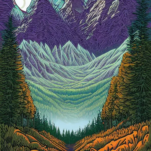 Prompt: Mountains and forests by Dan Mumford