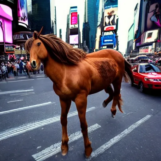 Image similar to an extremely realistic photograph of a centaur with the head mane and torso of a horse, but human legs running through times square