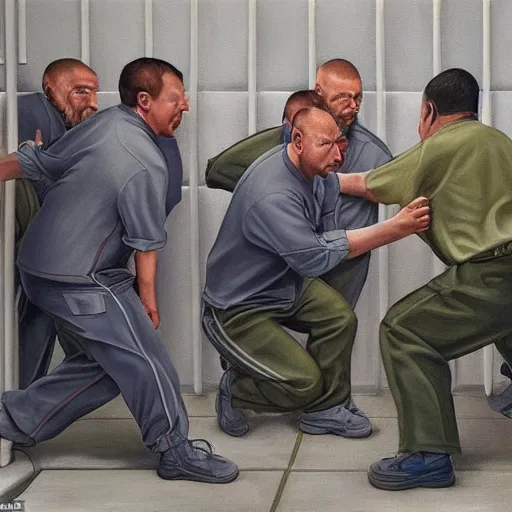 Prompt: hyperrealism painting of prisoners scheming to escape prison while guards are distracted by a fight