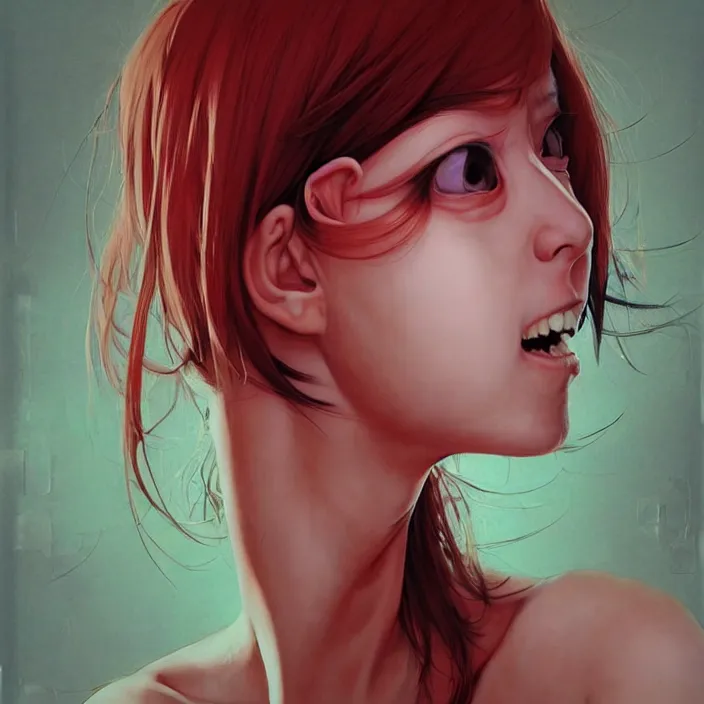 Prompt: nice quality and nice everything painting of a nice portrait of the popular girl at the psych ward laughing at the viewer, by Katsuhiro Otomo, Yoshitaka Amano, Nico Tanigawa, and Artgerm rendered with 3D effect.