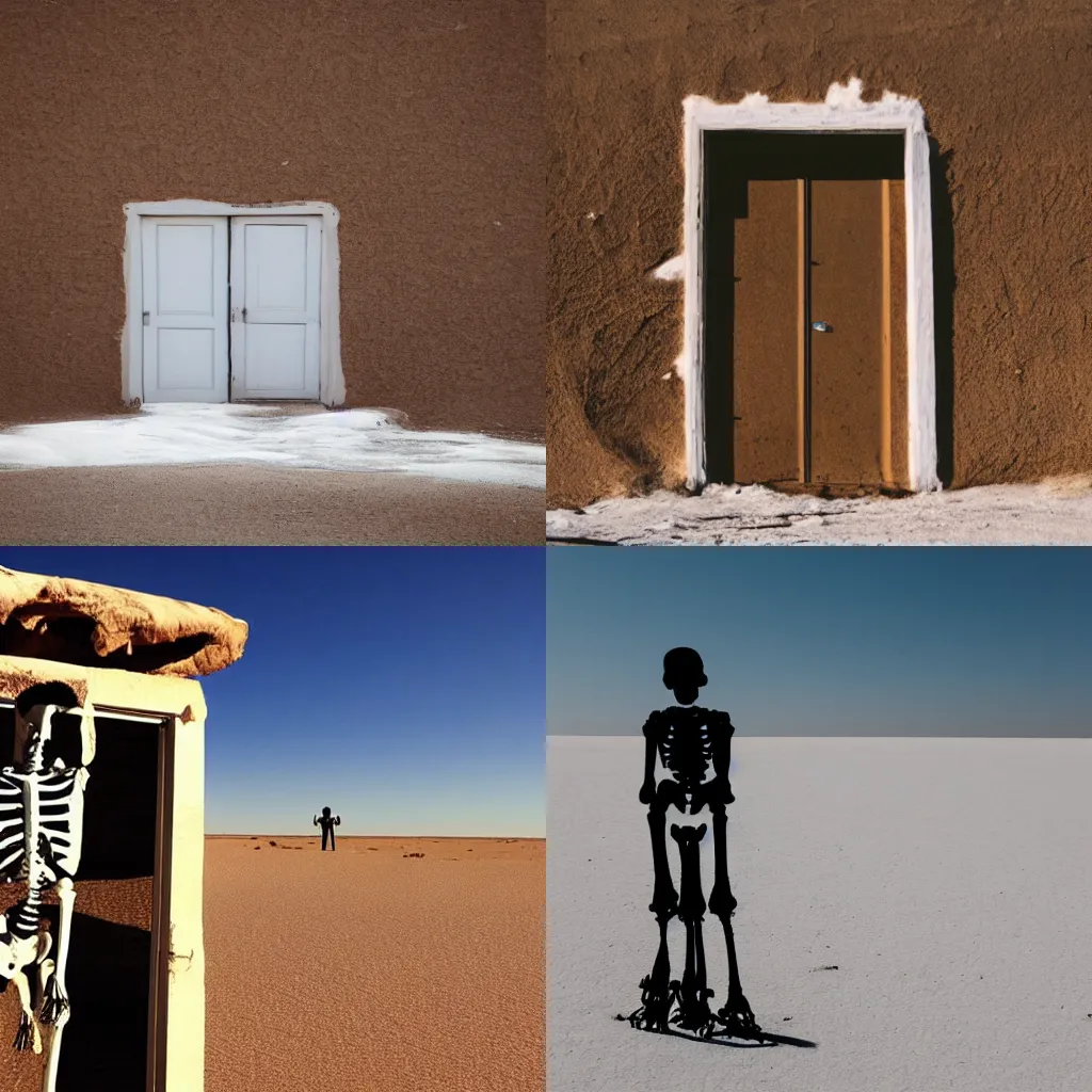 Prompt: a single door at the desert, the ground is white ice, there's a skeleton standing next to the door