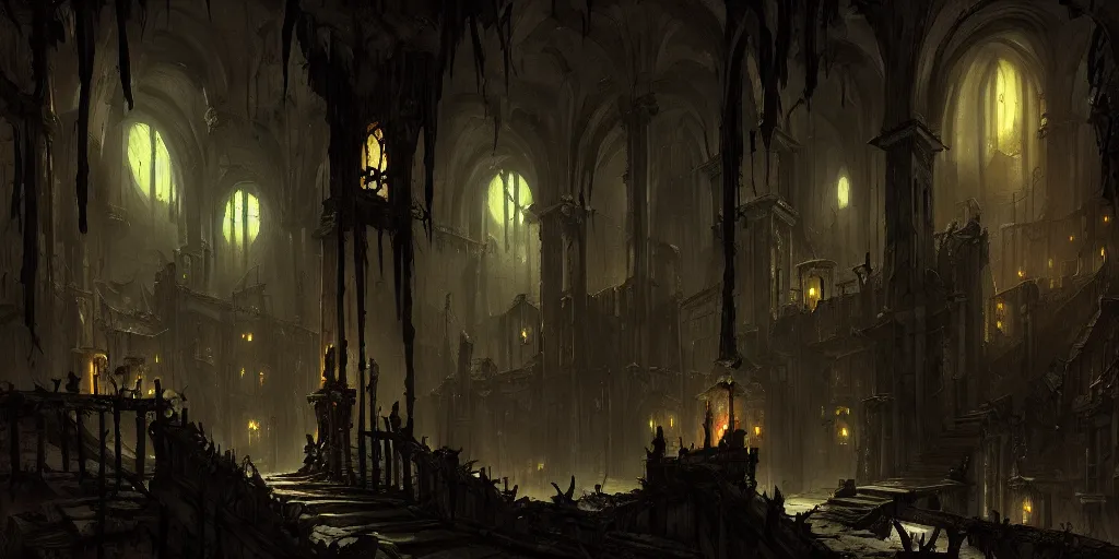 Prompt: dark sinister vampire lair interior by Hubert Robert, library, adventure game, inspired by Diablo concept art