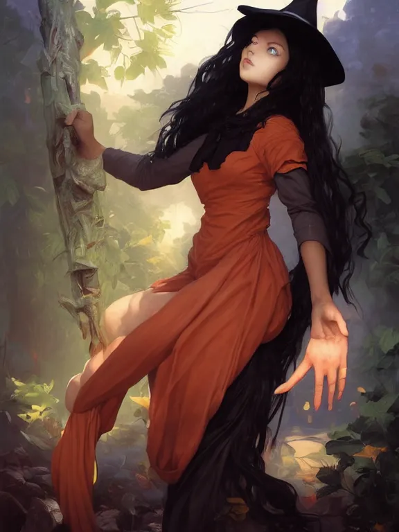 Image similar to Full shot of a mischievous young witch about to get up to some trouble. Latin American fashion. Black and Orange palette. Latina girl. brown skin. defined facial features, symmetrical facial features. By Ruan Jia and Artgerm and Range Murata and WLOP and Ross Tran and William-Adolphe Bouguereau. Key Art. Fantasy Illustration. award winning, Artstation, intricate details, realistic, Hyperdetailed, 8k resolution.