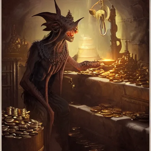 Prompt: goblin from gringotts counting gold by tom bagshaw and tad nasmith