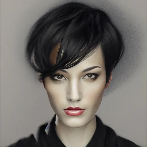 Image similar to portrait of beautiful woman, black short hair, by nick silva, ja mong, greg rutkowsky, digital, soft painting, photorealism