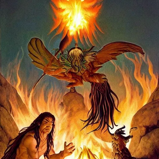 Prompt: a Celtic Druid and a Native American Shaman standing around a campfire with a Phoenix rising from an active volcano behind them, by Larry Elmore, by Frank Frazetta, by Lisa Parker, by Boris Vallejo, by Anne Stokes, by Roman Zawadzki, by Randy Vargas,