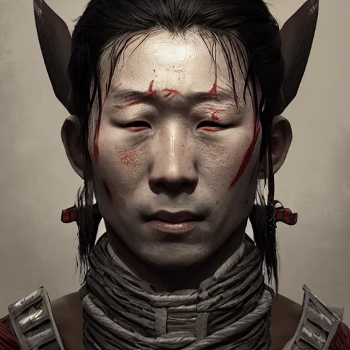 Image similar to Sickly diseased dying Samurai warrior, portrait by Cedric Peyravernay, highly detailed, excellent composition, cinematic concept art, dramatic lighting, trending on ArtStation