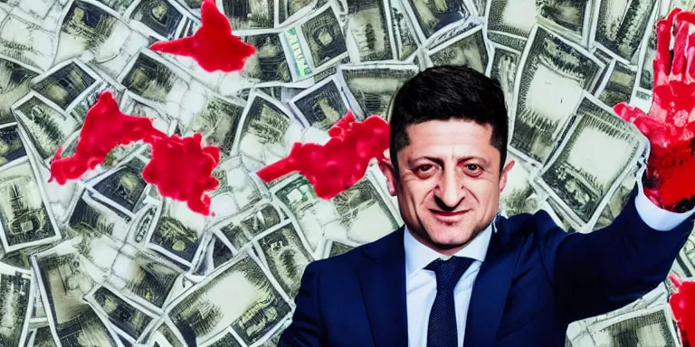 Prompt: President Zelensky sits in bags of money with his hands up to his elbows covered in blood photo manipulation, high quality photo, 85mm,