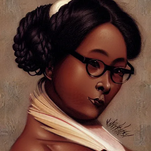 Prompt: portrait of an ebony darkskinned masai as an office lady clothed in beautiful a décolletage neckline and wearing rimmed glasses and kinked hairbun by william-adoplhe bouguereau and Hajime Sorayama and Henryk Siemiradzki, trending on bbwchan, high detail 8k