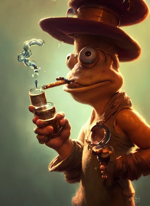 Prompt: cute toad alchemist smoking a wooden pipe, subsurface scattering, by jesper ejsing, justin gerard, tomasz alen kopera, cgsociety and fenghua zhong, highly detailed, rim light, cinematic lighting, illustration, art, octane render, very coherent, cinematic, hyper realism, high detail, octane render, 8 k