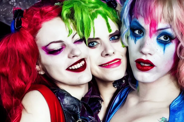 Image similar to harley quinn and poison ivy in love with each other. photo - realistic hd, hyperrealism, colourful, highly detailed, cinematic, luminescence, 3 2 k, dop, high contrast, intricate, mystery, epic, fantasy