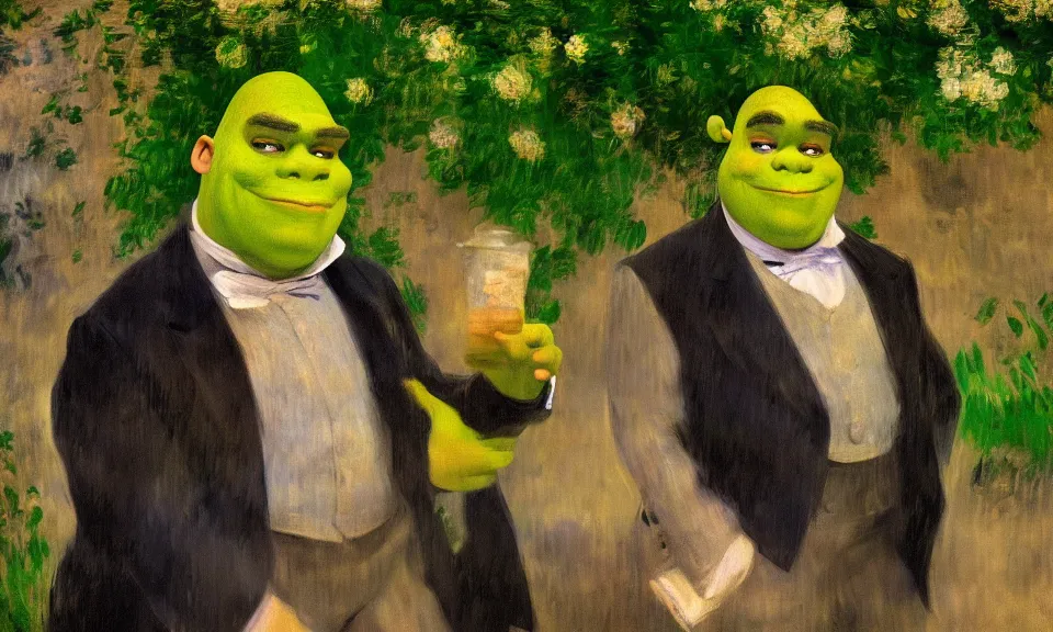 Prompt: a impressionist painting of shrek by edouard manet and claude monet, 4 k, trending on artstation, detailed, film still