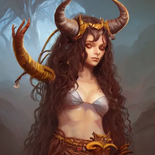 Image similar to cute Whimsical Tiefling Druid with cute horns , light-brown skin, D&D, fantasy, portrait, highly detailed, digital painting, artstation, concept art, sharp focus, illustration, art by artgerm and greg rutkowski and magali villeneuve