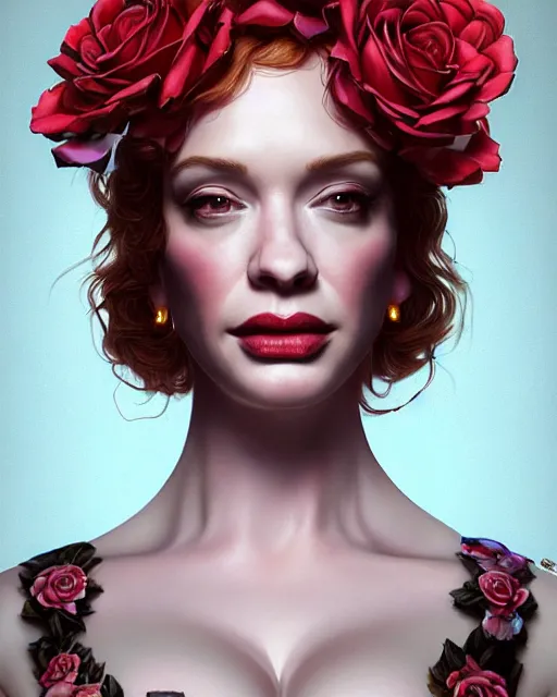 Prompt: portrait of christina hendricks with roses, baroque, roses, intricate abstract upper body intricate artwork, by tooth wu, wlop, beeple, dan mumford. concept art, octane render, deviantart, greg rutkowski, cinematic arthouse, key art, hyper realism, iridescent accents