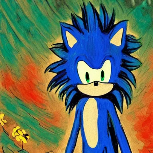 Prompt: sad ominous painting of detailed sonic the hedgehog in the woods at night, in the style of studio ghibli and moebius and claude monet and vincent van gogh