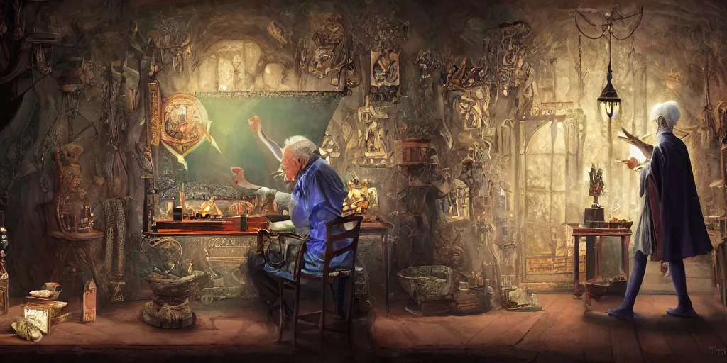 Image similar to back shot of wizened aristocrat examining the mysteries of tarot cards on a magical blackboard, fantasy art, matte painting, high quality, digital painting, artwork by tony sart