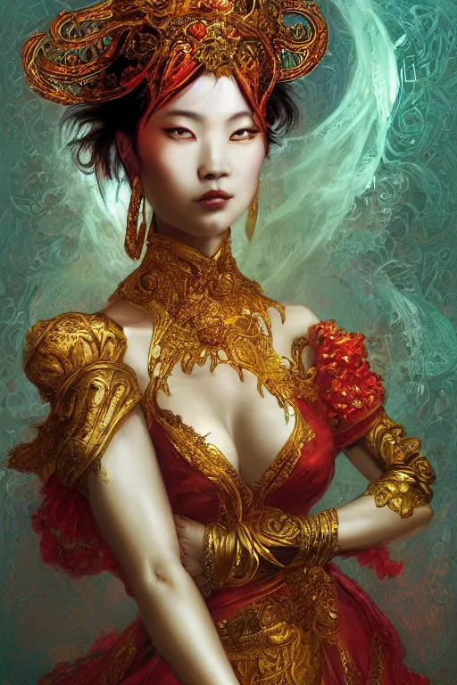 Image similar to tarot card artstation, portrait of an asian love dancer, sunrise, baroque ornamnet and rococo ornament, ancient chinese ornate, hyperdetailed, beautiful lighting, craig mullins, mucha, klimt, yoshitaka amano, red and gold and orange color palatte