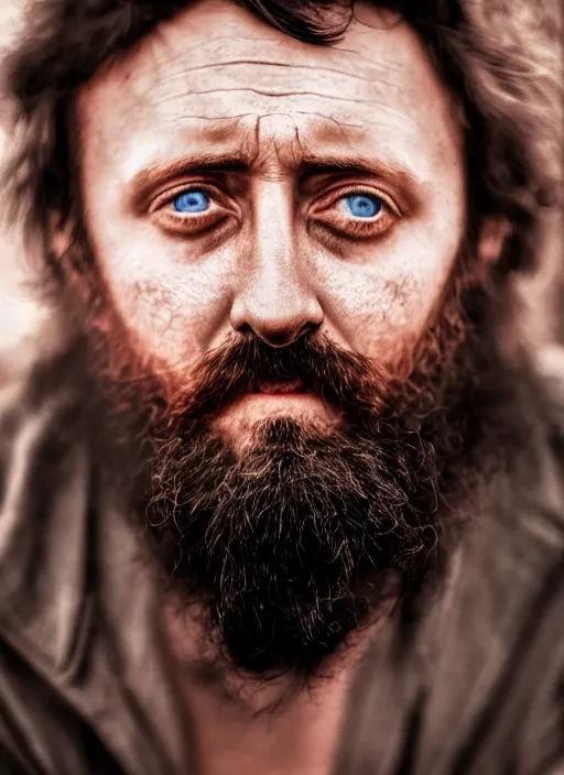 Image similar to photorealistic portrait photograph of forsen looking at you, twitch tv, hobo, long beard, depth of field, soft focus, highly detailed, intricate, realistic, national geographic cover, soft glow, textured skin